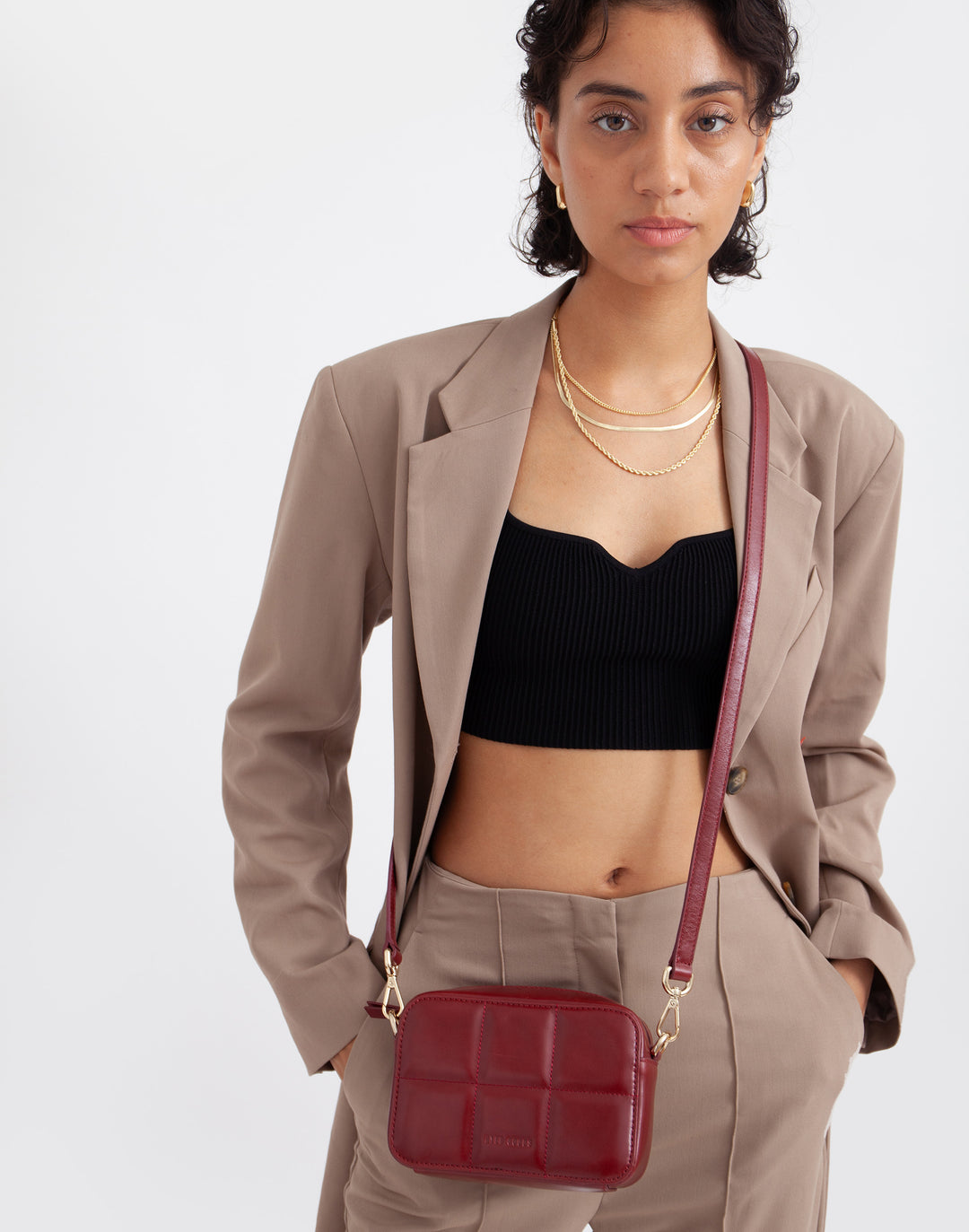 recycled genuine quilted leather camera bag red#color_red-quilt
