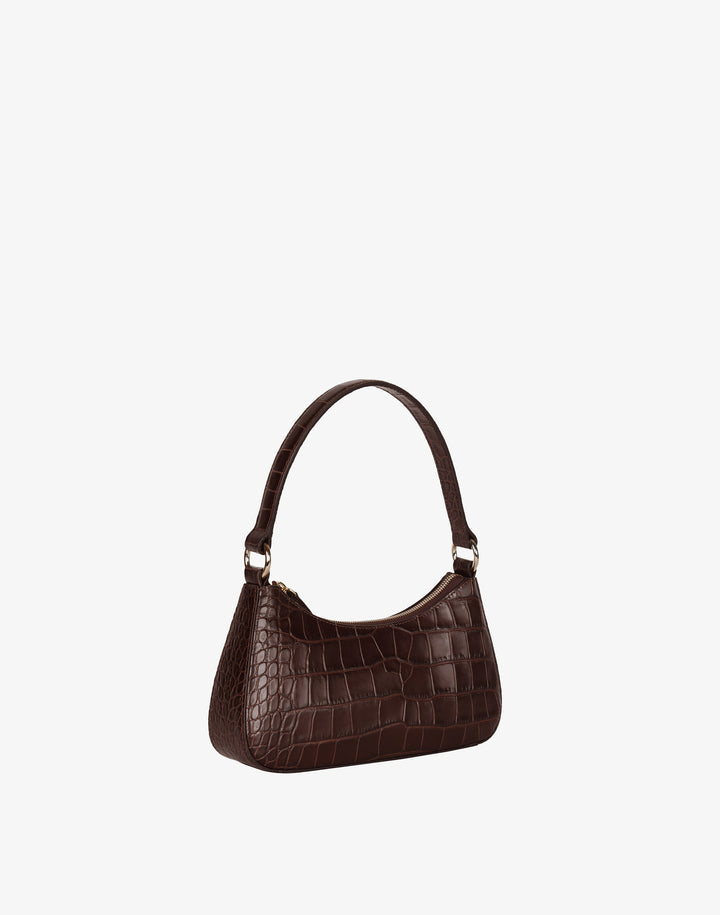recycled genuine leather mini shoulder bag chocolate brown crocodile #color_choco-croco