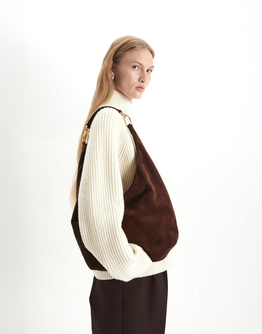 HYER GOODS  oversized suede hobo ring bag #color_chocolate-suede