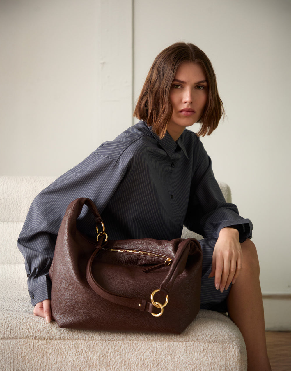 HYER GOODS tumbled leather oversized hobo ring bag brown#color_brown