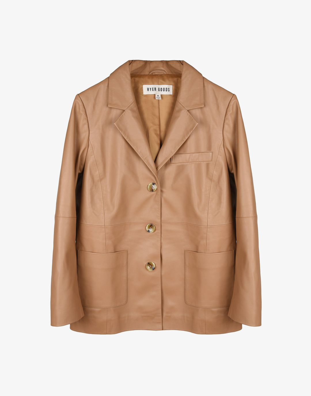 Sustainable leather blazer with relaxed fit in black #color_camel