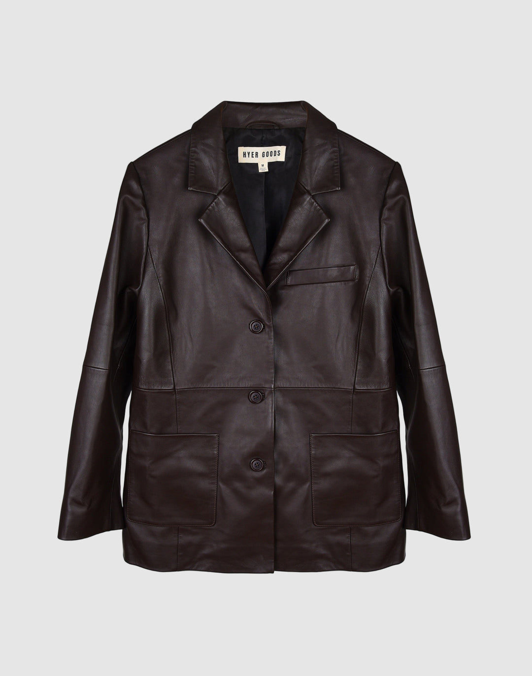 Sustainable leather blazer with relaxed fit in black #color_chocolate