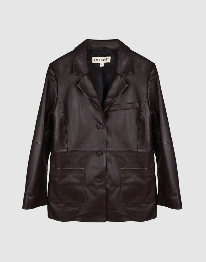 Sustainable leather blazer with relaxed fit in black #color_chocolate