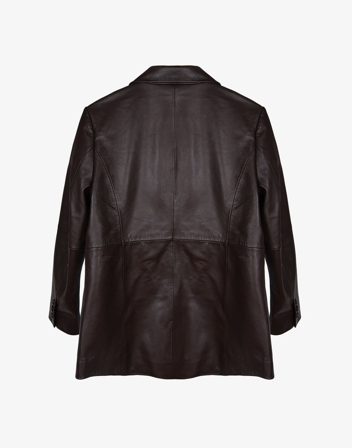 Sustainable leather blazer with relaxed fit in black #color_chocolate