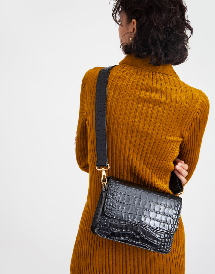 hyer goods recycled leather crossbody satchel bag black crocodile #color_black-croco