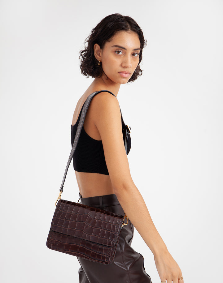 hyer goods recycled leather crossbody satchel bag DARK BROWN CHOCOLATE crocodile #color_choco-croco
