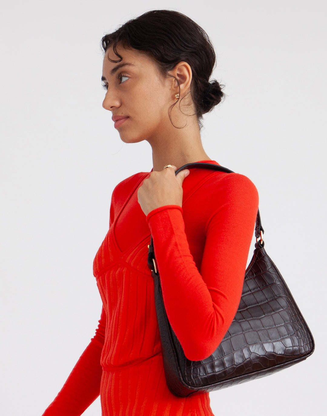 recycled genuine leather everyday shoulder bag dark brown chocolate croco#color_choco-croco