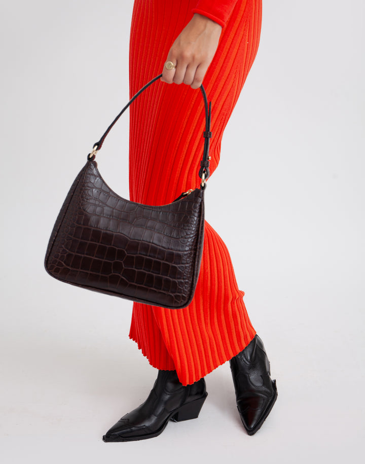 recycled genuine leather everyday shoulder bag dark brown chocolate croco#color_choco-croco