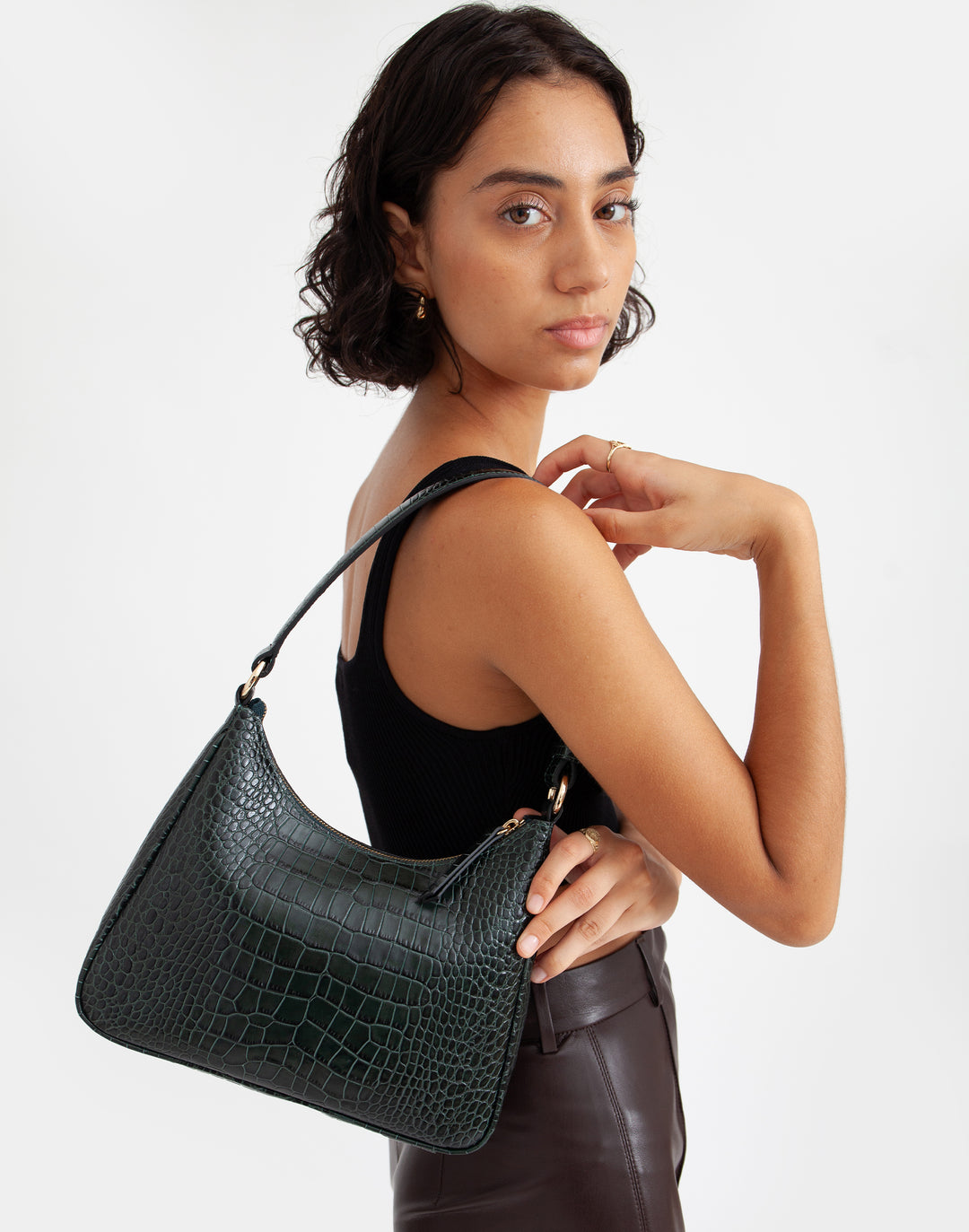 recycled genuine leather everyday shoulder bag dark green emerald croco#color_emerald-croco