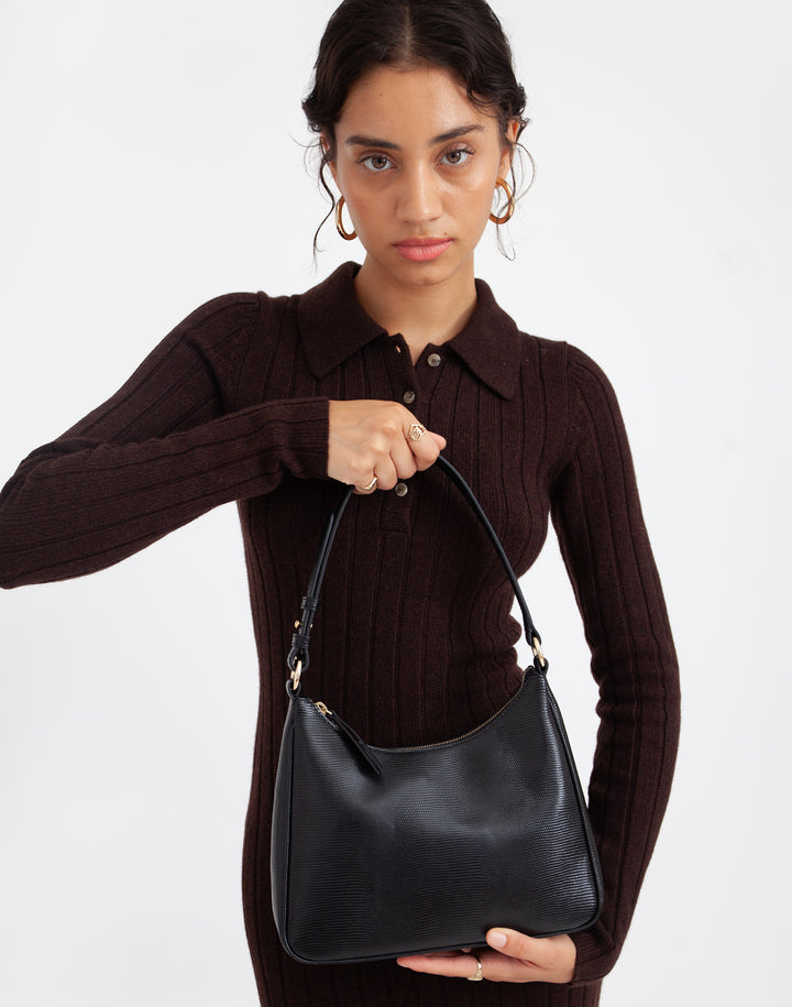 recycled genuine leather everyday shoulder bag black embossed lizard#color_black-lizard