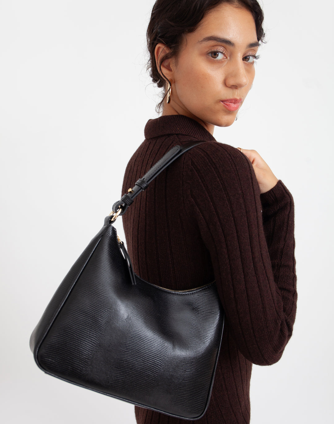 recycled genuine leather everyday shoulder bag black embossed lizard#color_black-lizard