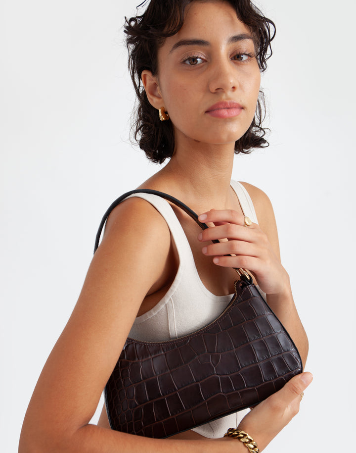 recycled genuine leather mini shoulder bag chocolate brown crocodile #color_choco-croco