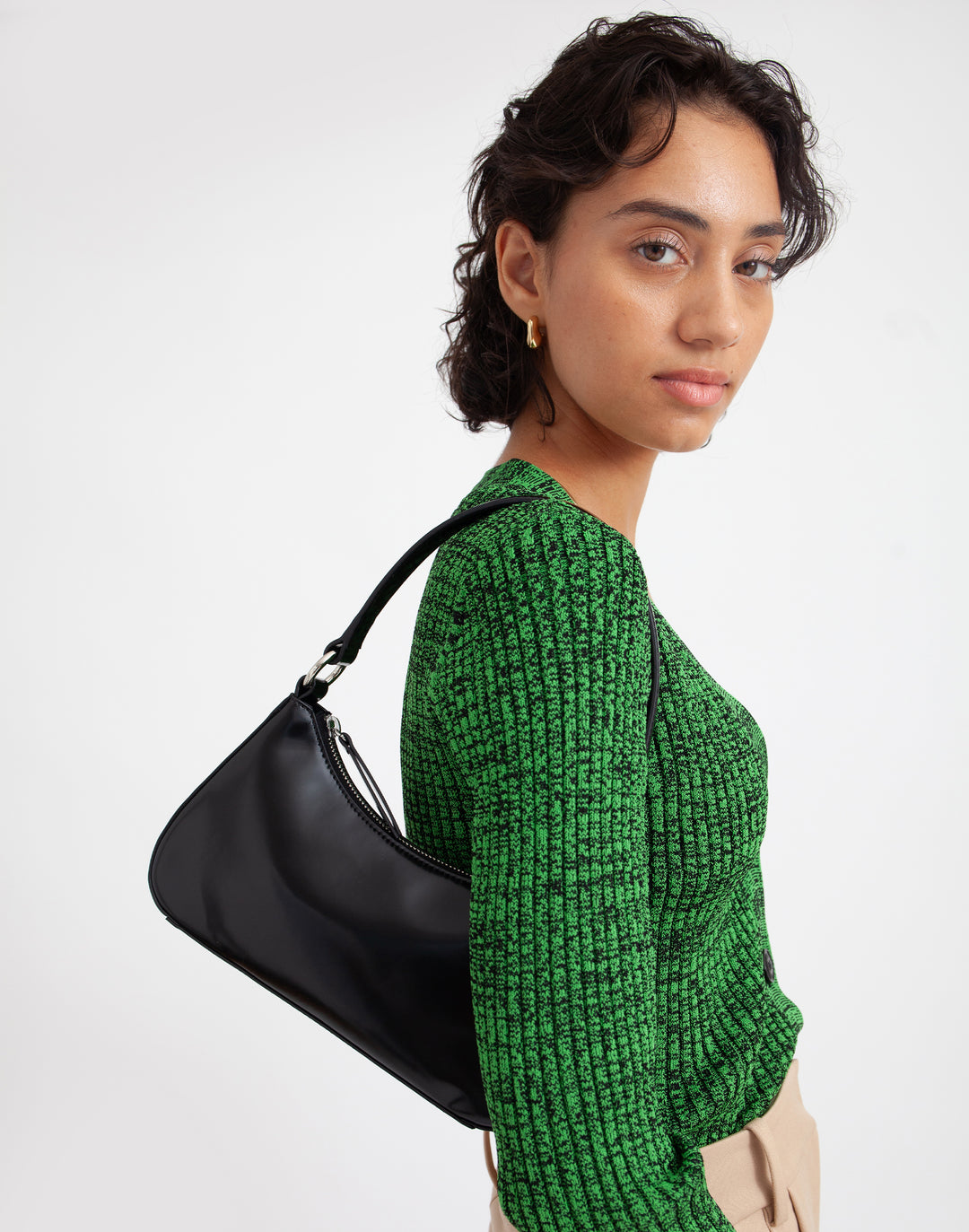 recycled genuine leather mini shoulder bag baguette bag black patent#color_semi-glazed-black