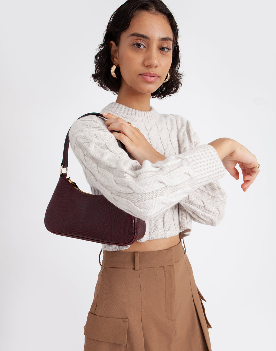 recycled genuine leather mini shoulder bag baguette bag burgundy lizard croc#color_wine-lizard