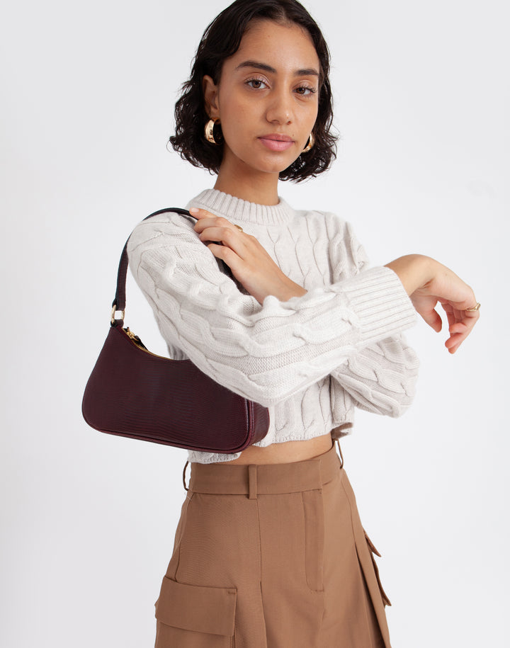 recycled genuine leather mini shoulder bag baguette bag burgundy lizard croc#color_wine-lizard
