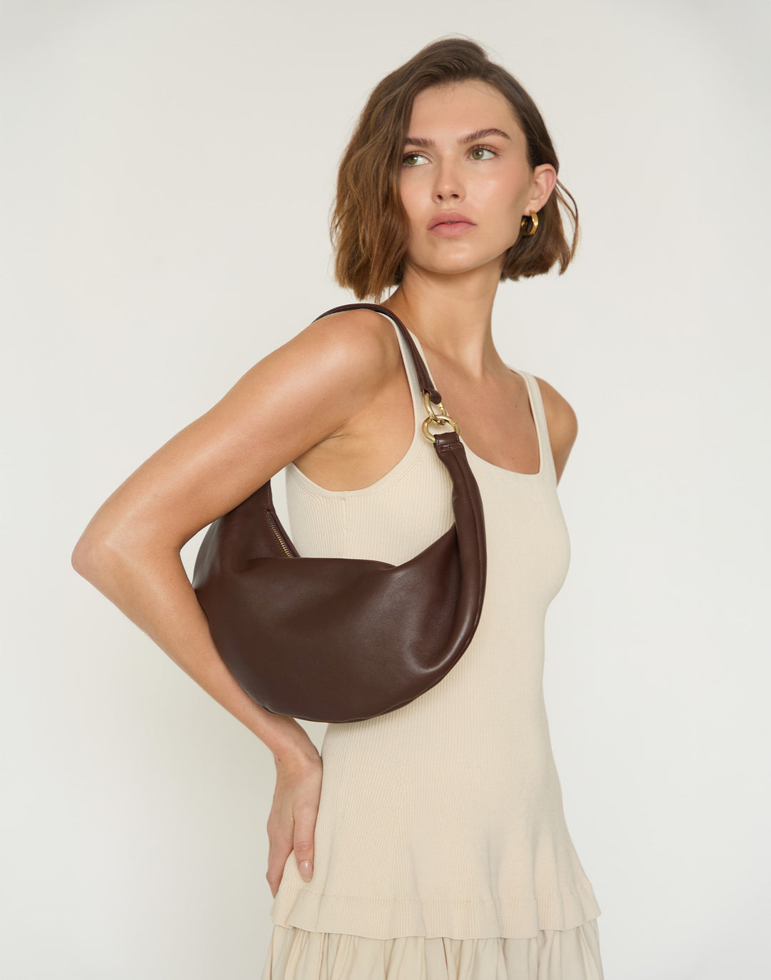 HYER GOODS convertible crossbody hobo  crescent bag Piccola ring bag #color_chocolate