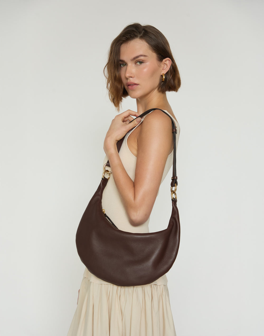 HYER GOODS convertible crossbody hobo  crescent bag Piccola ring bag #color_chocolate