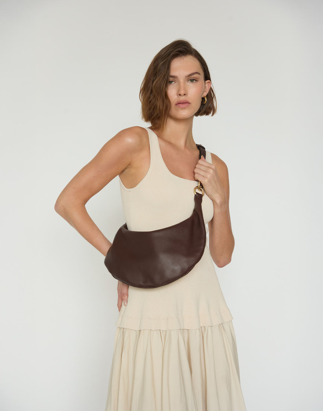 HYER GOODS convertible crossbody hobo  crescent bag Piccola ring bag #color_chocolate