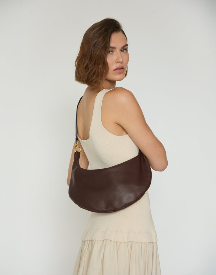 HYER GOODS convertible crossbody hobo  crescent bag Piccola ring bag #color_chocolate