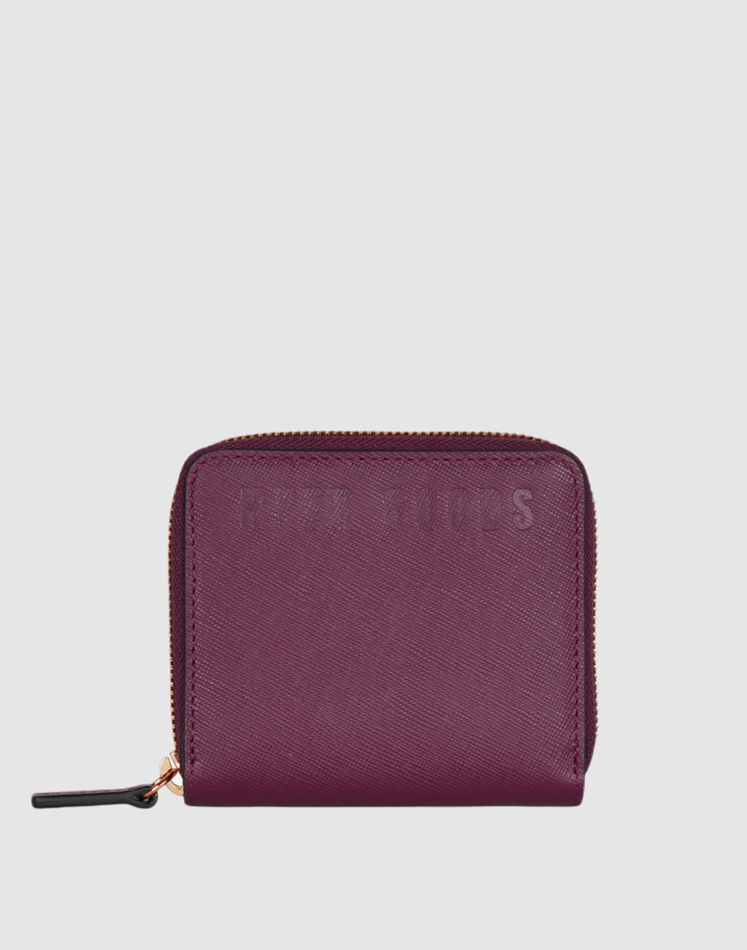 a burgundy leather zip wallet with the logo HYER GOODS embossed on it.#color_wine-saffiano