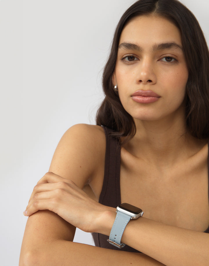 Hyer Goods recycled leather Apple Watch Band pale blue silver hardware #color_pale-blue
