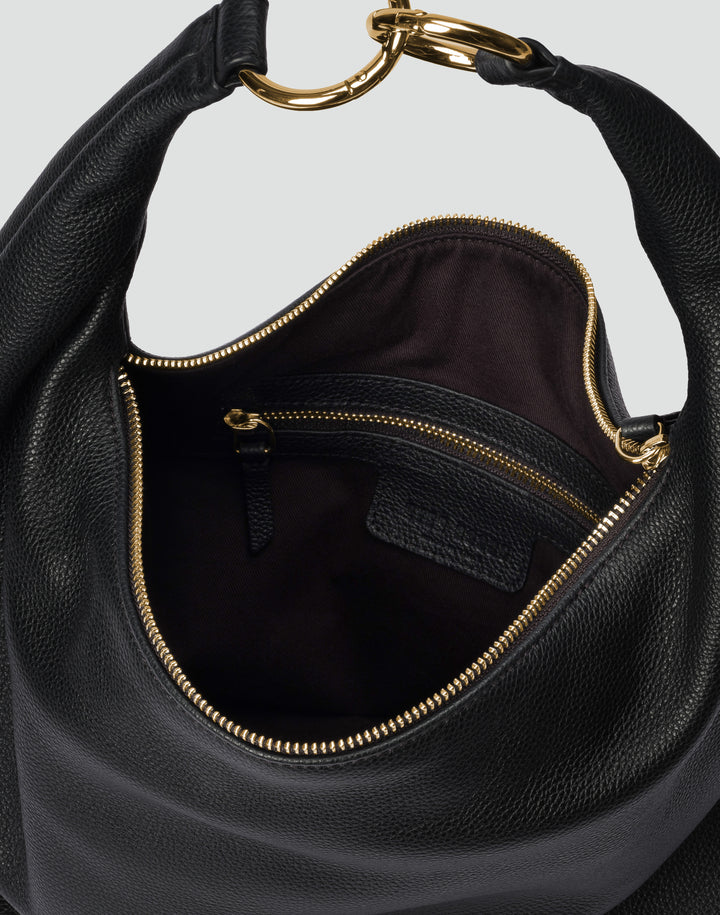 HYER GOODS tumbled leather oversized hobo ring bag black with gold hardware#color_black-gold