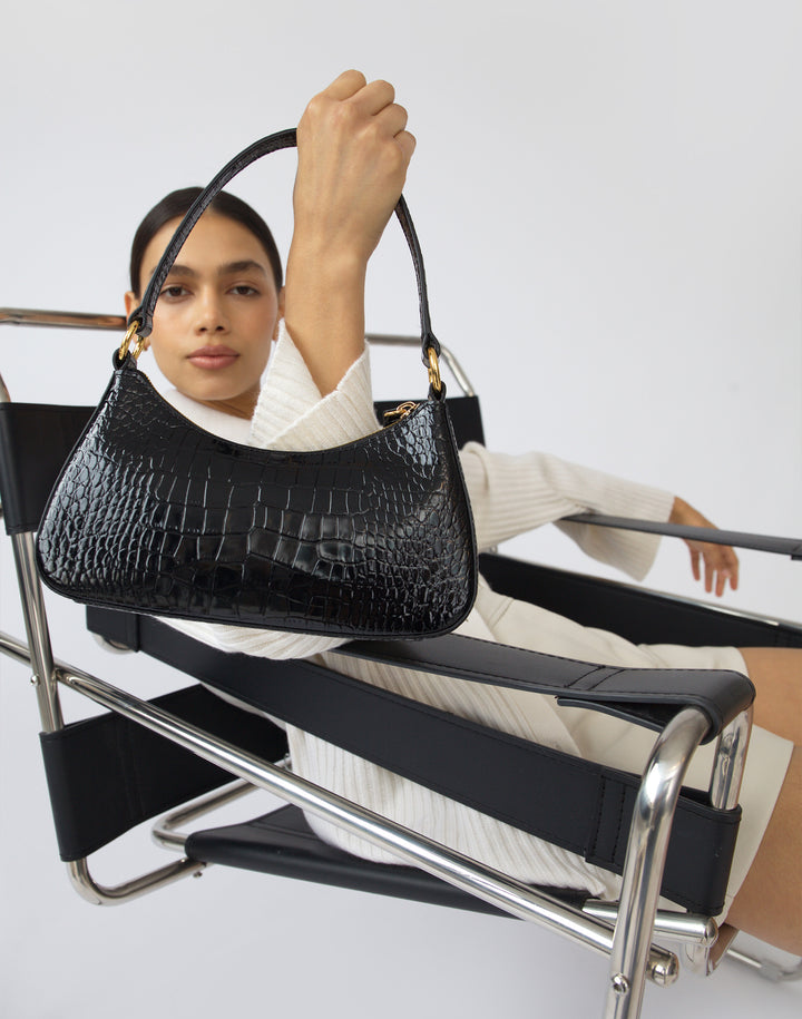 recycled genuine leather mini shoulder bag black crocodile #color_black-croco
