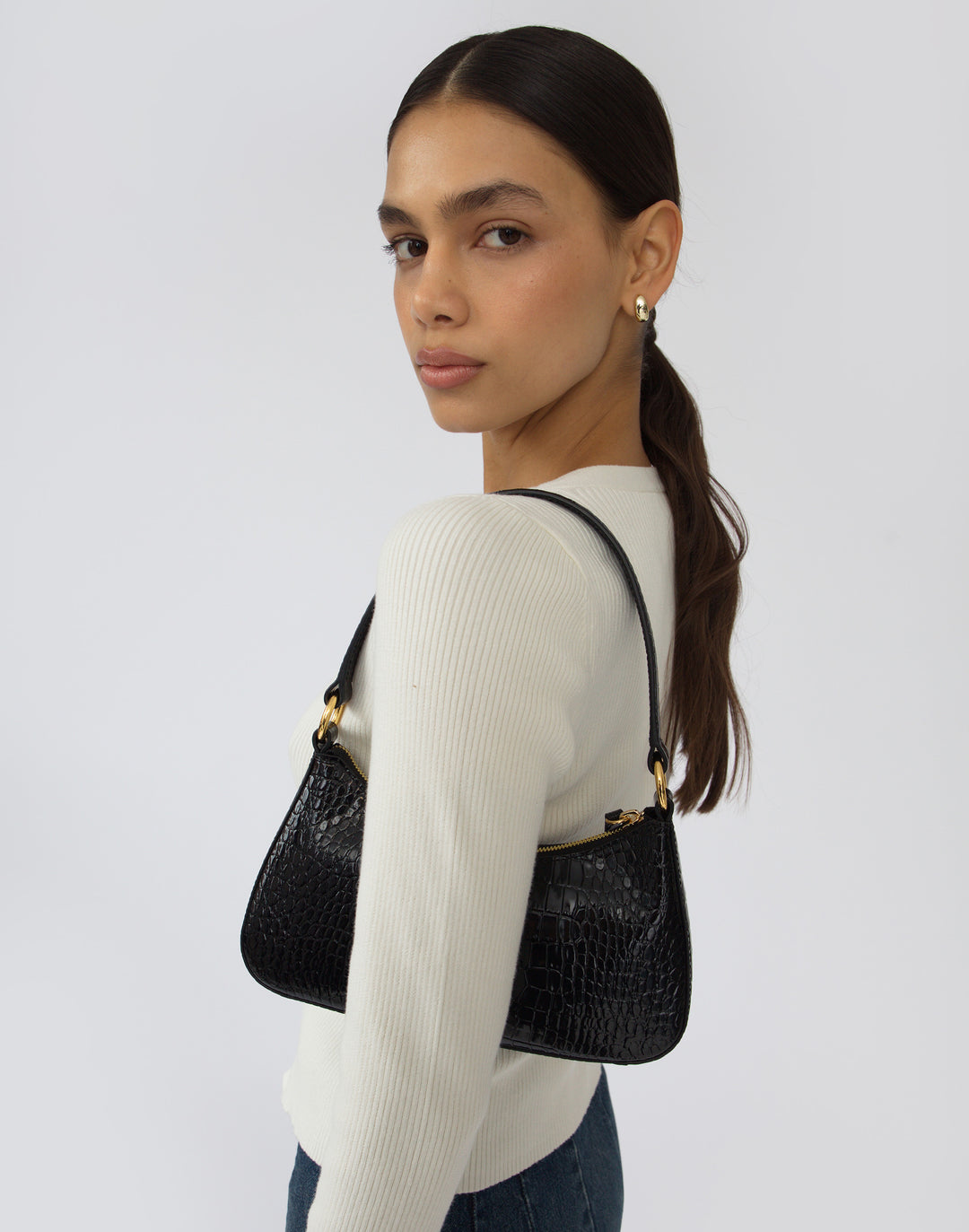 recycled genuine leather mini shoulder bag black crocodile #color_black-croco