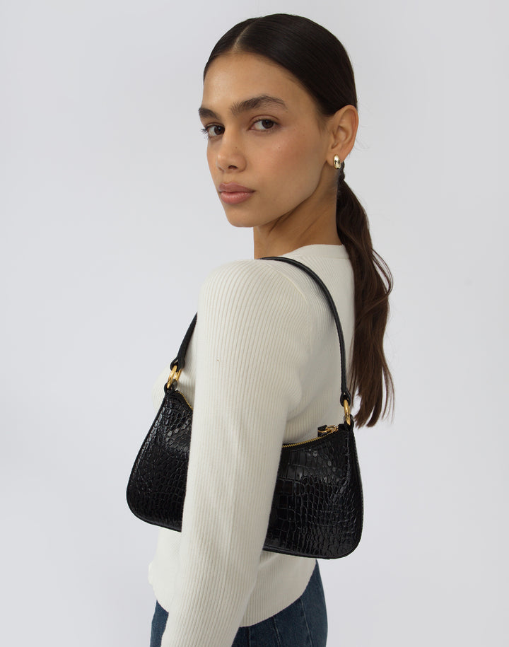 recycled genuine leather mini shoulder bag black crocodile #color_black-croco