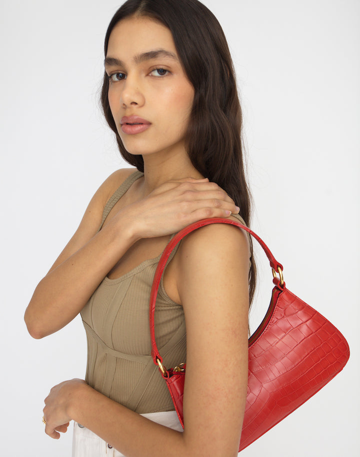 recycled genuine leather mini shoulder bag red crocodile #color_bright-red-croco
