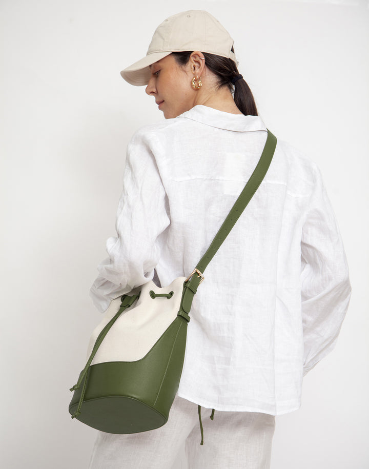 hyer goods cotton canvas cinch bucket bag natural olive #color_olive