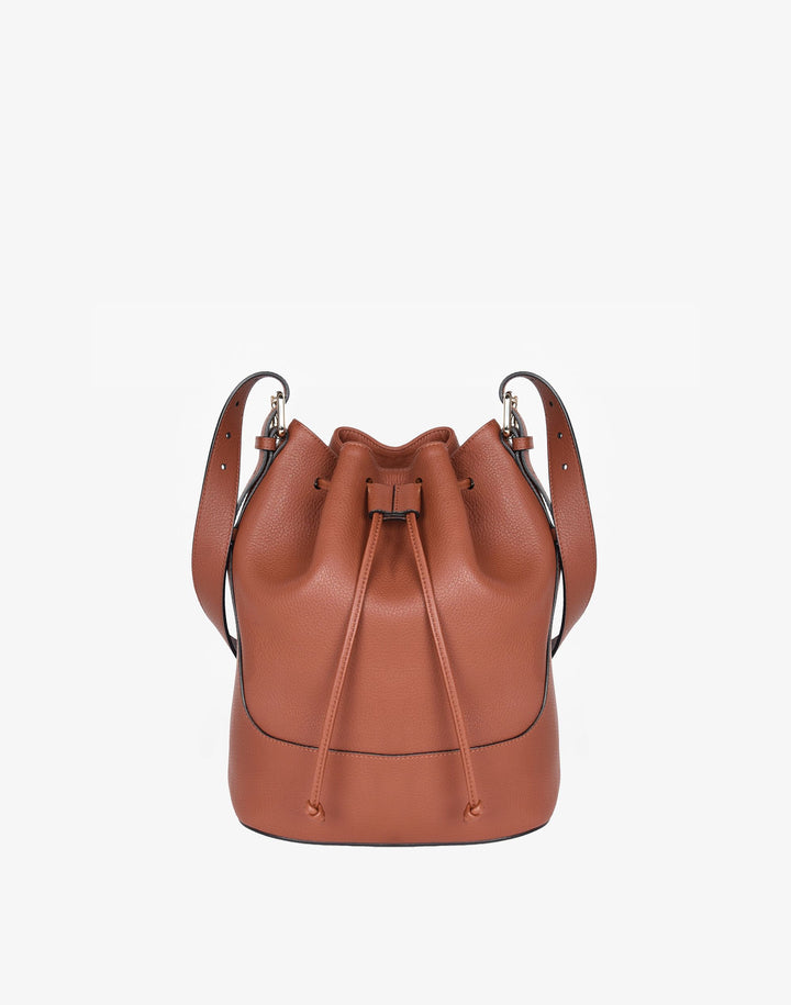 hyer goods recycled leather cinch bucket bag tan saddle brown#color_saddle-brown