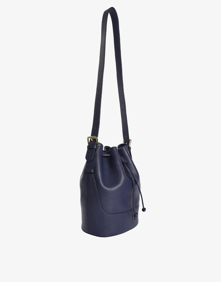 hyer goods recycled leather cinch bucket bag navy blue#color_navy-blue