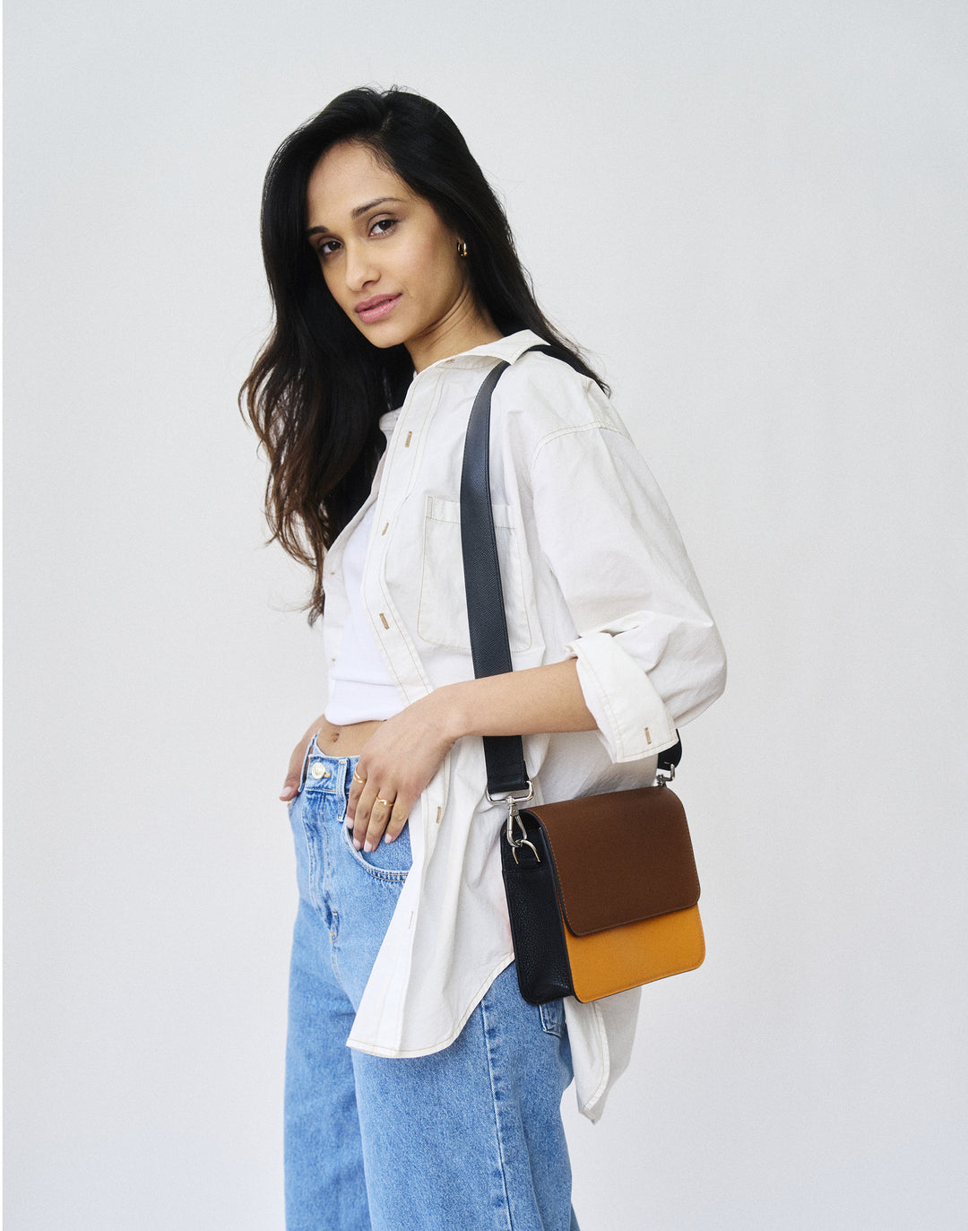 hyer goods recycled leather crossbody satchel bag orange colorblock #color_orange-colorblock
