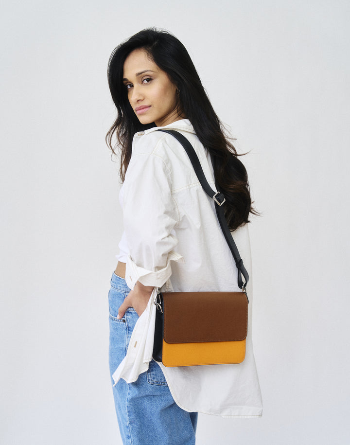 hyer goods recycled leather crossbody satchel bag orange colorblock #color_orange-colorblock