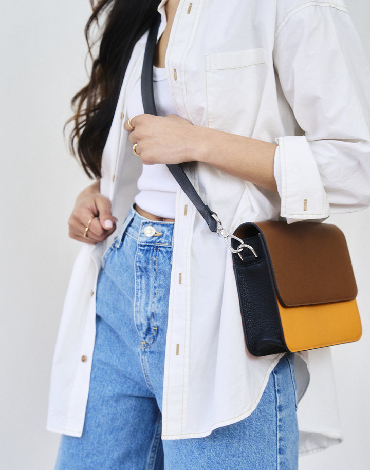 hyer goods recycled leather crossbody satchel bag orange colorblock #color_orange-colorblock