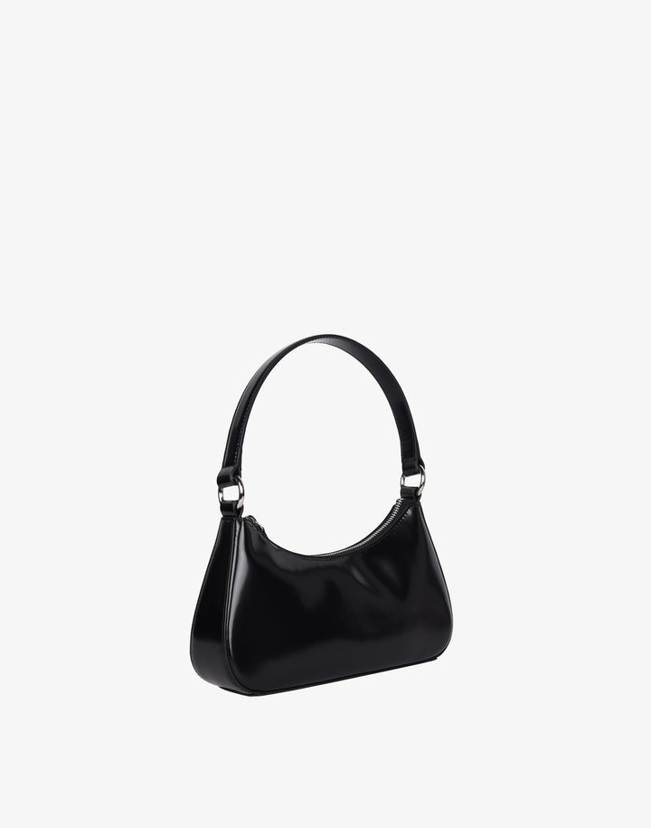 recycled genuine leather mini shoulder bag baguette bag black patent#color_semi-glazed-black
