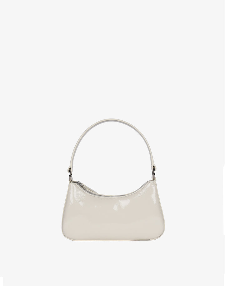 recycled genuine leather mini shoulder bag baguette bag off white patent leather#color_ecru-crinkle-patent