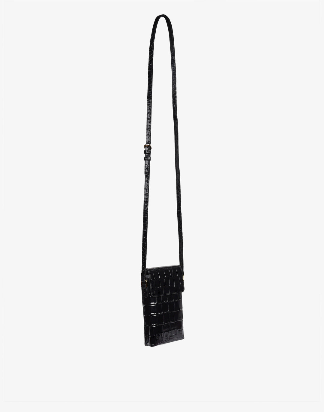 hyer goods recycled leather phone sling bag embossed black croc#color_black-croco