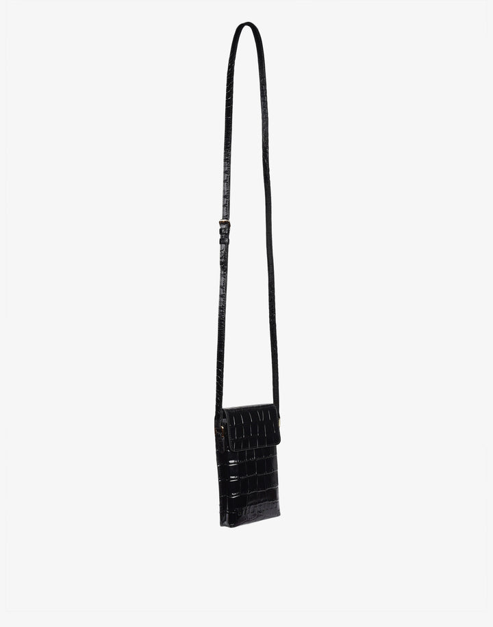 hyer goods recycled leather phone sling bag embossed black croc#color_black-croco