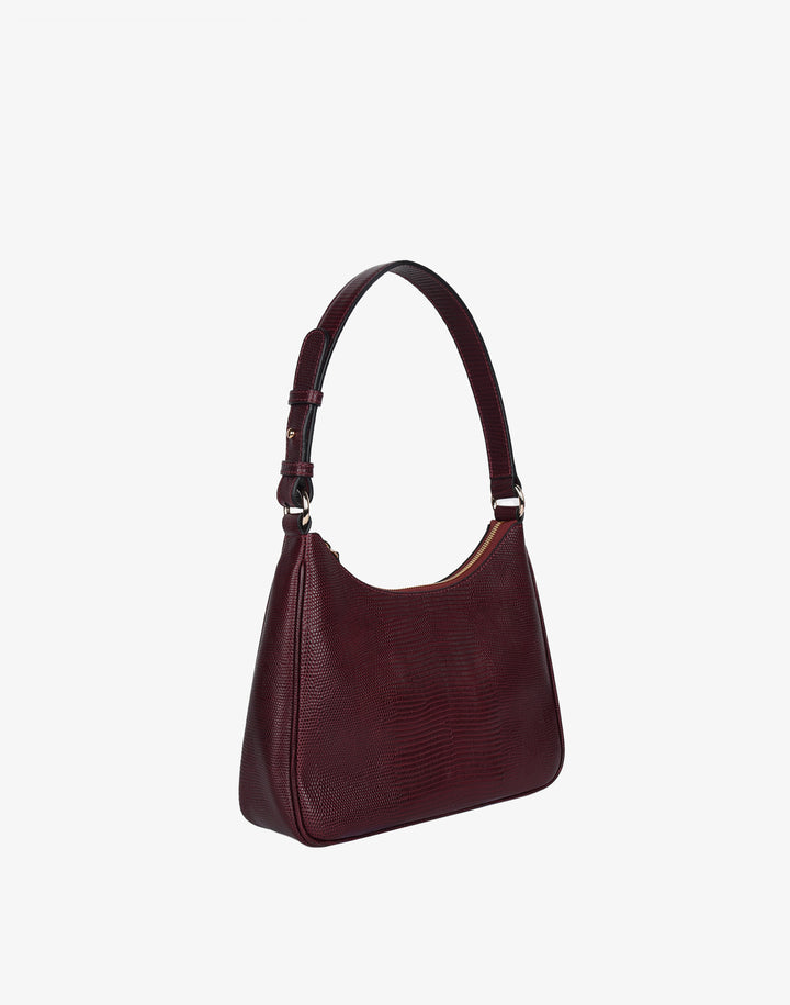 recycled genuine leather everyday shoulder bag burgundy embossed lizard#color_wine-lizard
