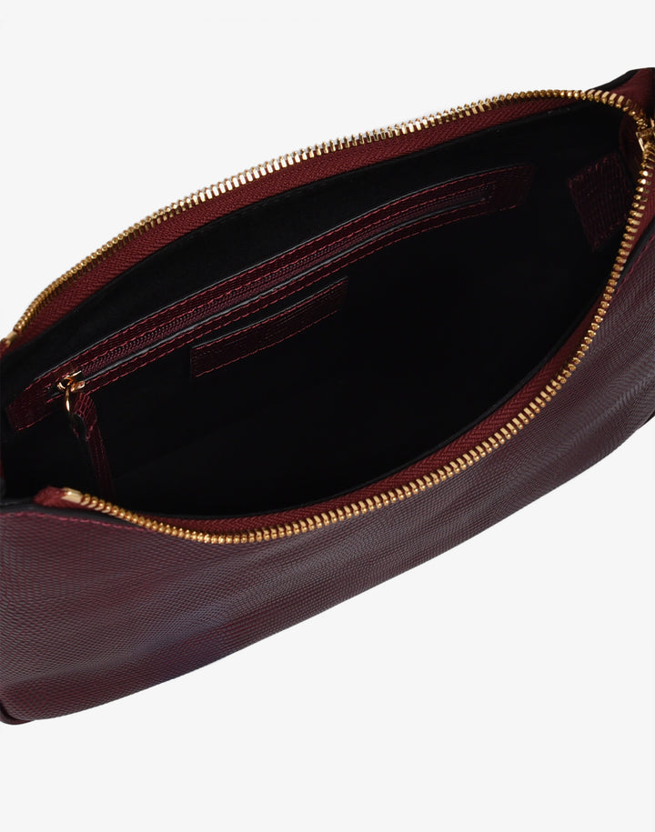 recycled genuine leather everyday shoulder bag burgundy embossed lizard#color_wine-lizard