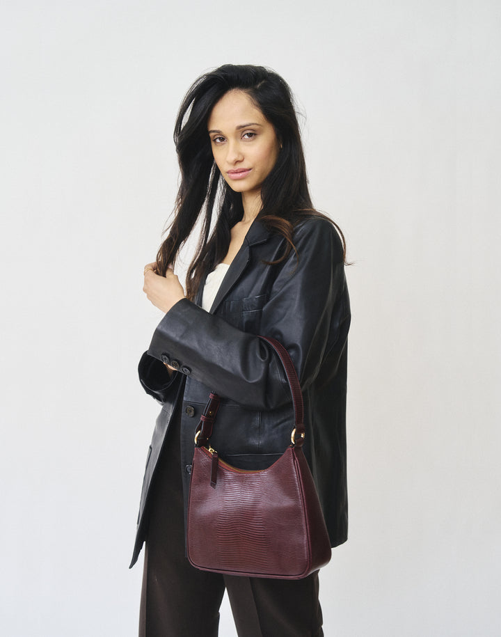 recycled genuine leather everyday shoulder bag burgundy embossed lizard#color_wine-lizard