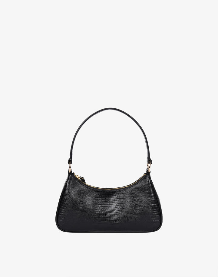 recycled genuine leather mini shoulder bag baguette bag embossed black lizard#color_black-lizard