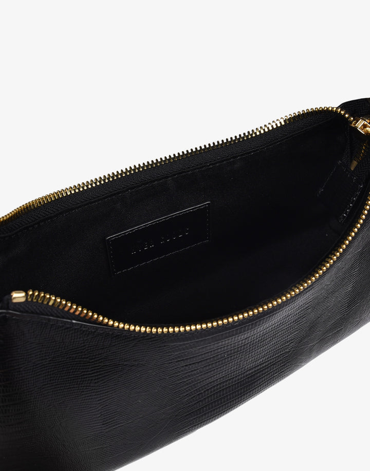 recycled genuine leather mini shoulder bag baguette bag embossed black lizard#color_black-lizard