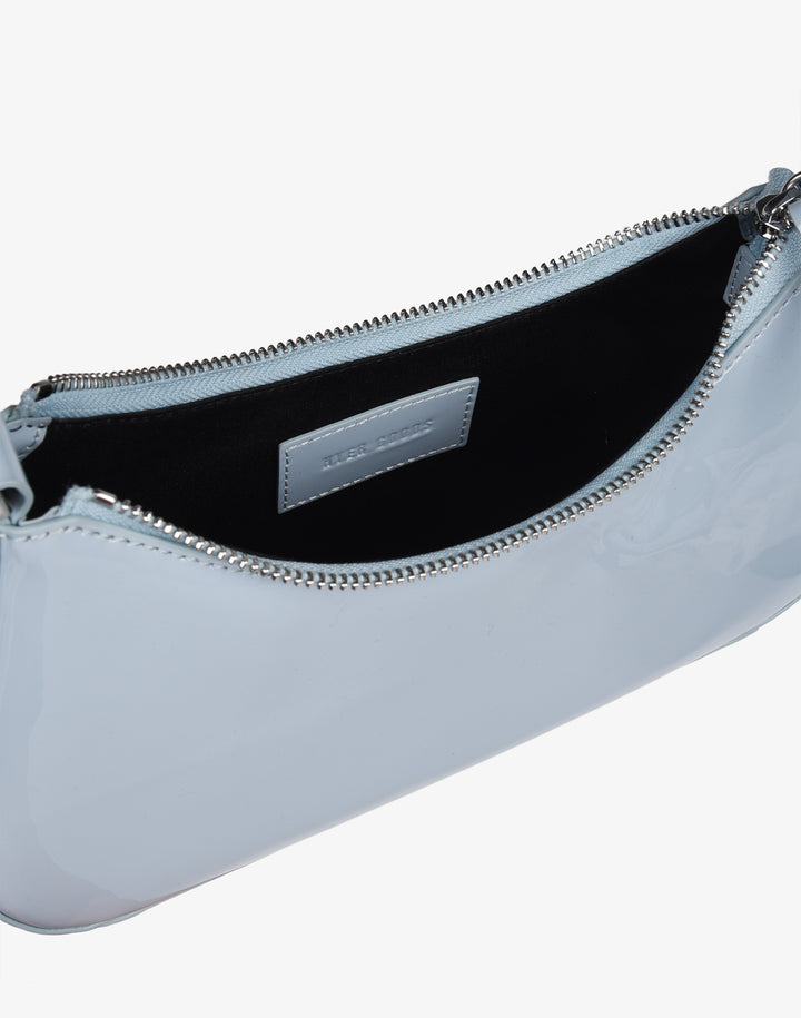 recycled genuine leather mini shoulder bag cornflower sky blue patent#color_sky-blue-patent