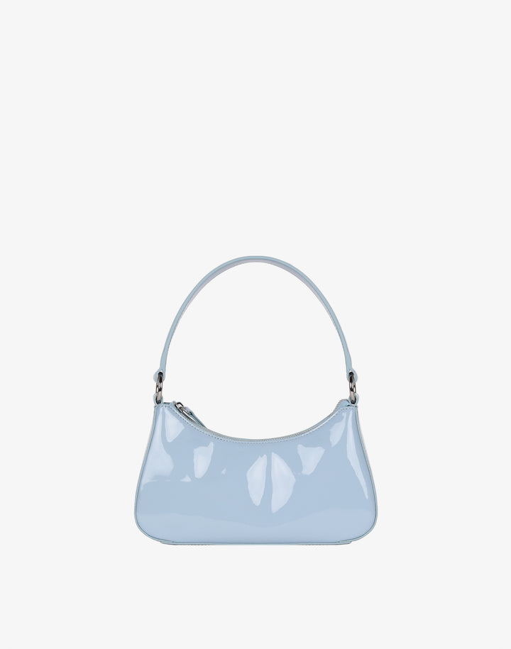 recycled genuine leather mini shoulder bag cornflower sky blue patent#color_sky-blue-patent