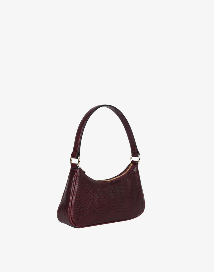 recycled genuine leather mini shoulder bag baguette bag burgundy lizard croc#color_wine-lizard
