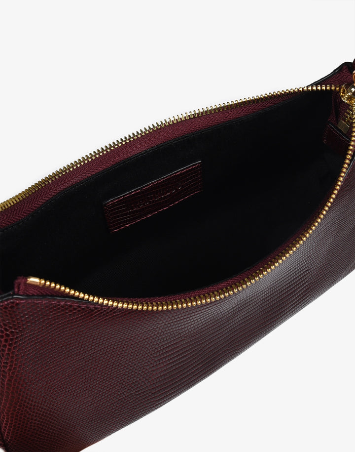 recycled genuine leather mini shoulder bag baguette bag burgundy lizard croc#color_wine-lizard