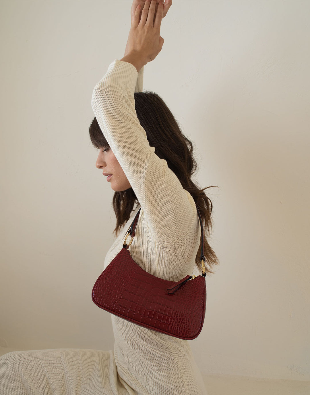 recycled genuine leather mini shoulder bag baguette bag red croc#color_red-croco